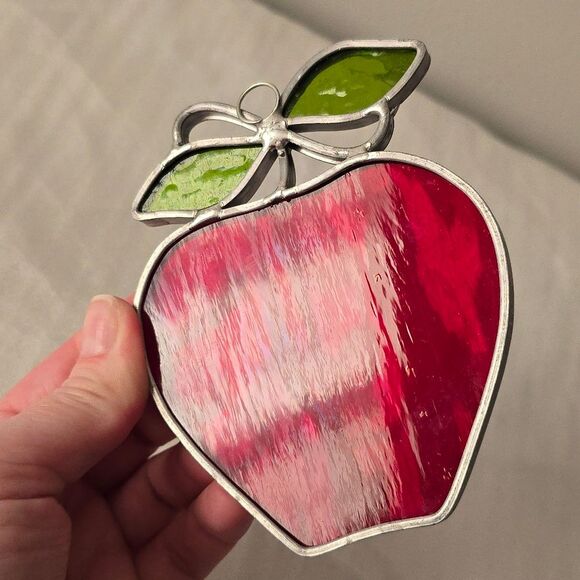 Vintage Stained Glass Red Apple Suncatcher Wall Hanging Ornament - Picture 4 of 8